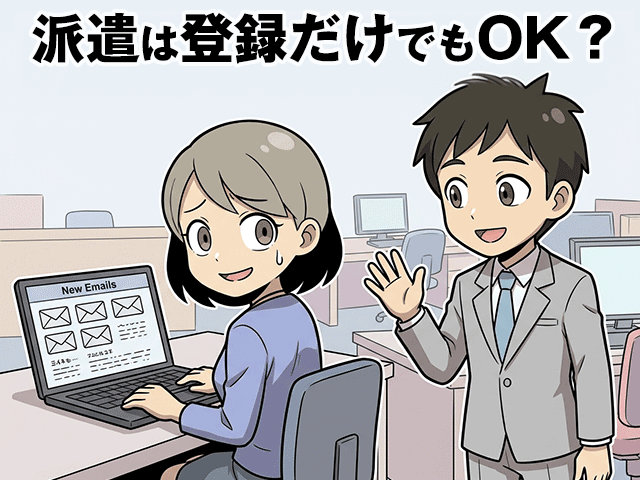 派遣会社からの求人メールが届き続けるなか、登録だけの状態でいいのか迷う女性(派遣ガールズイラスト)