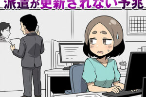 派遣先の上司の様子を気にしながら、契約更新があるかどうか不安になる派遣社員の女性（派遣ガールズイラスト）