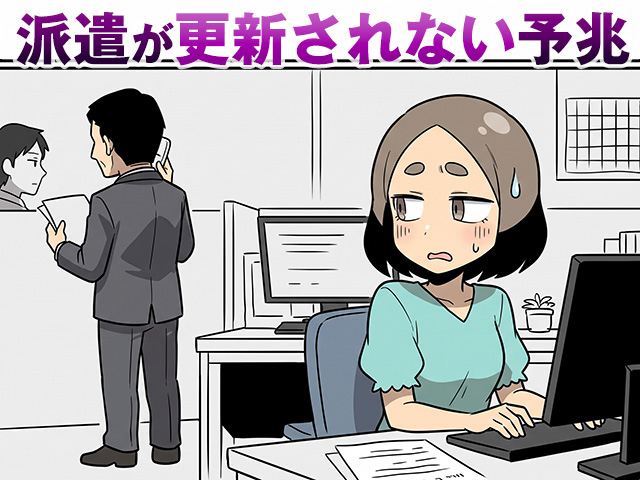 派遣先の上司の様子を気にしながら、契約更新があるかどうか不安になる派遣社員の女性（派遣ガールズイラスト）