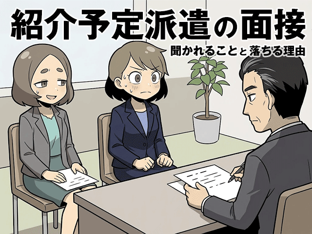 紹介予定派遣の面接に臨む女性と付き添う派遣会社の担当者（派遣ガールズイラスト）