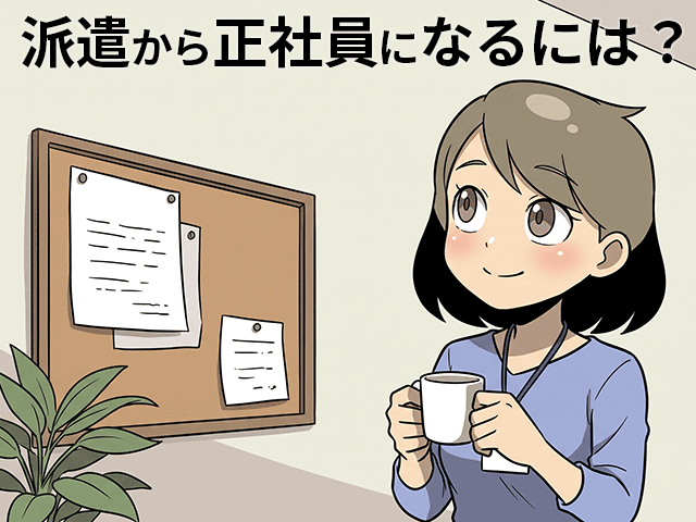 派遣先の職場で正社員になることを考える派遣社員の女性（派遣ガールズイラスト）